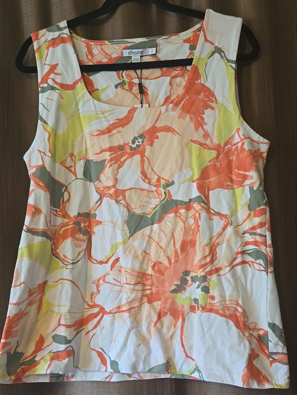 Chico's Floral Scoop Neck Tank Top in White, Coral, Yellow and Olive